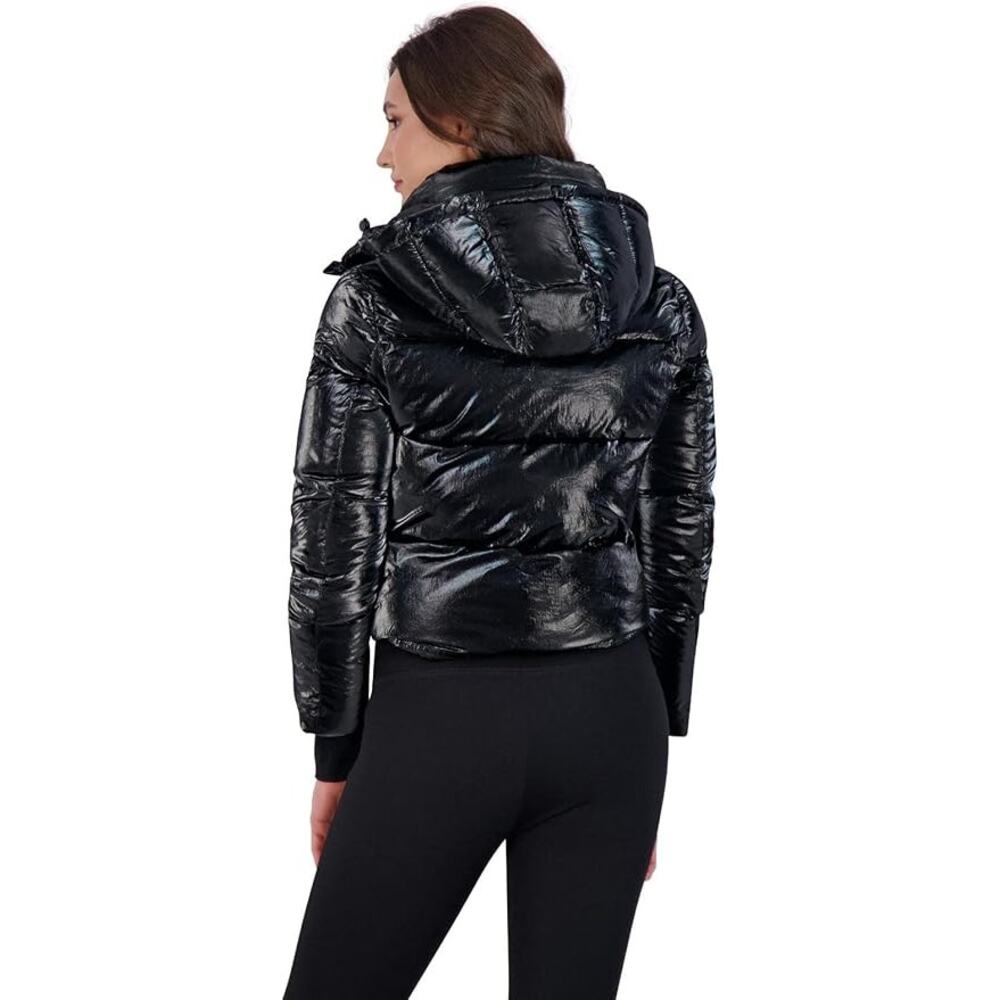 NWT BCBGMAXAZRIA Metallic Quilted Cropped Puffer Coat Hood Women's M Black - Picture 2 of 10